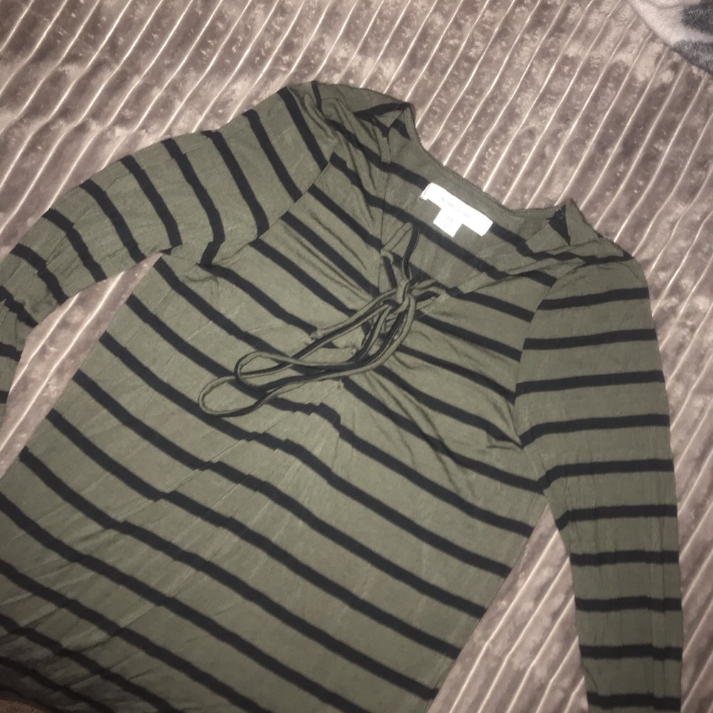 olive green and black striped lace up shirt